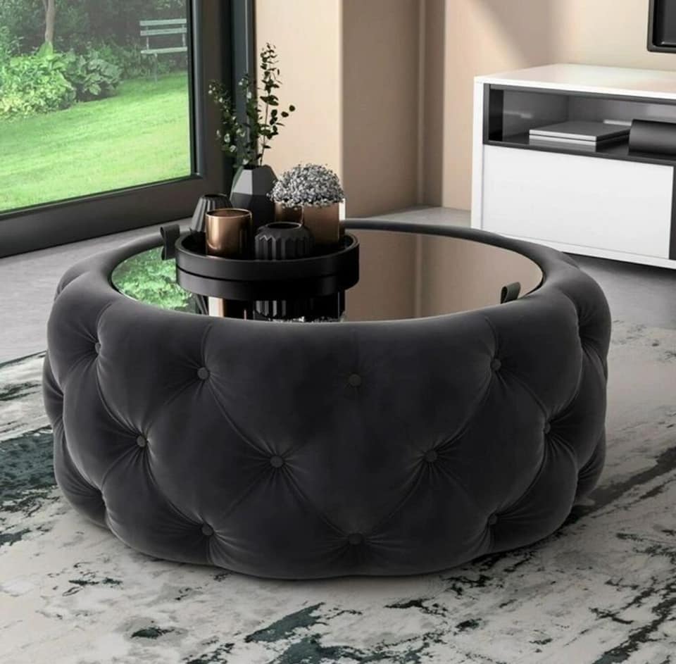 Masuta cafea tapitata rotunda tip Chester 90 cm - imagine 2