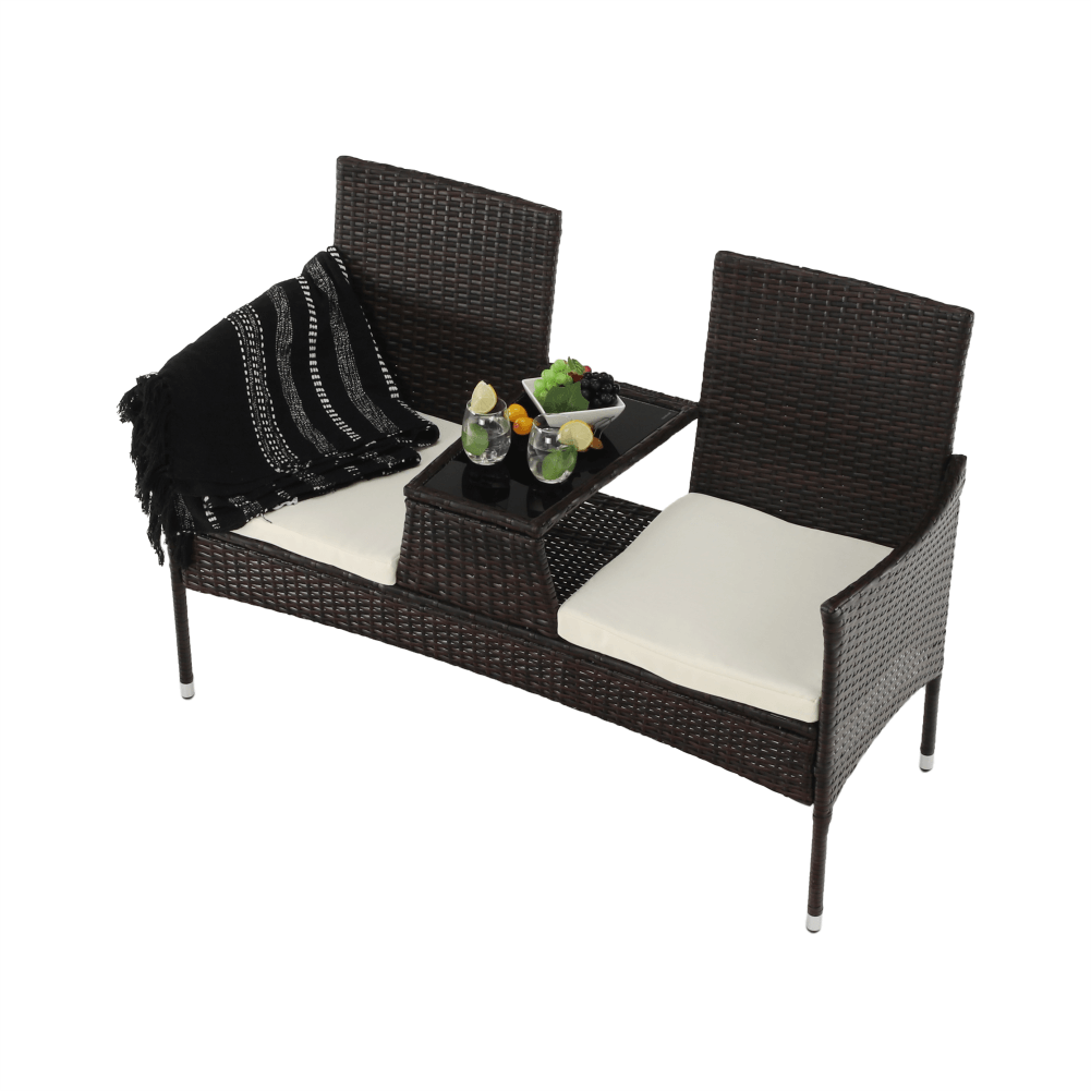 Bancă de grădină cu măsuţă şi perne, maro/crem, LALIT - imagine 9