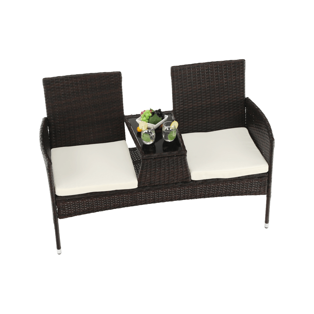 Bancă de grădină cu măsuţă şi perne, maro/crem, LALIT - imagine 8