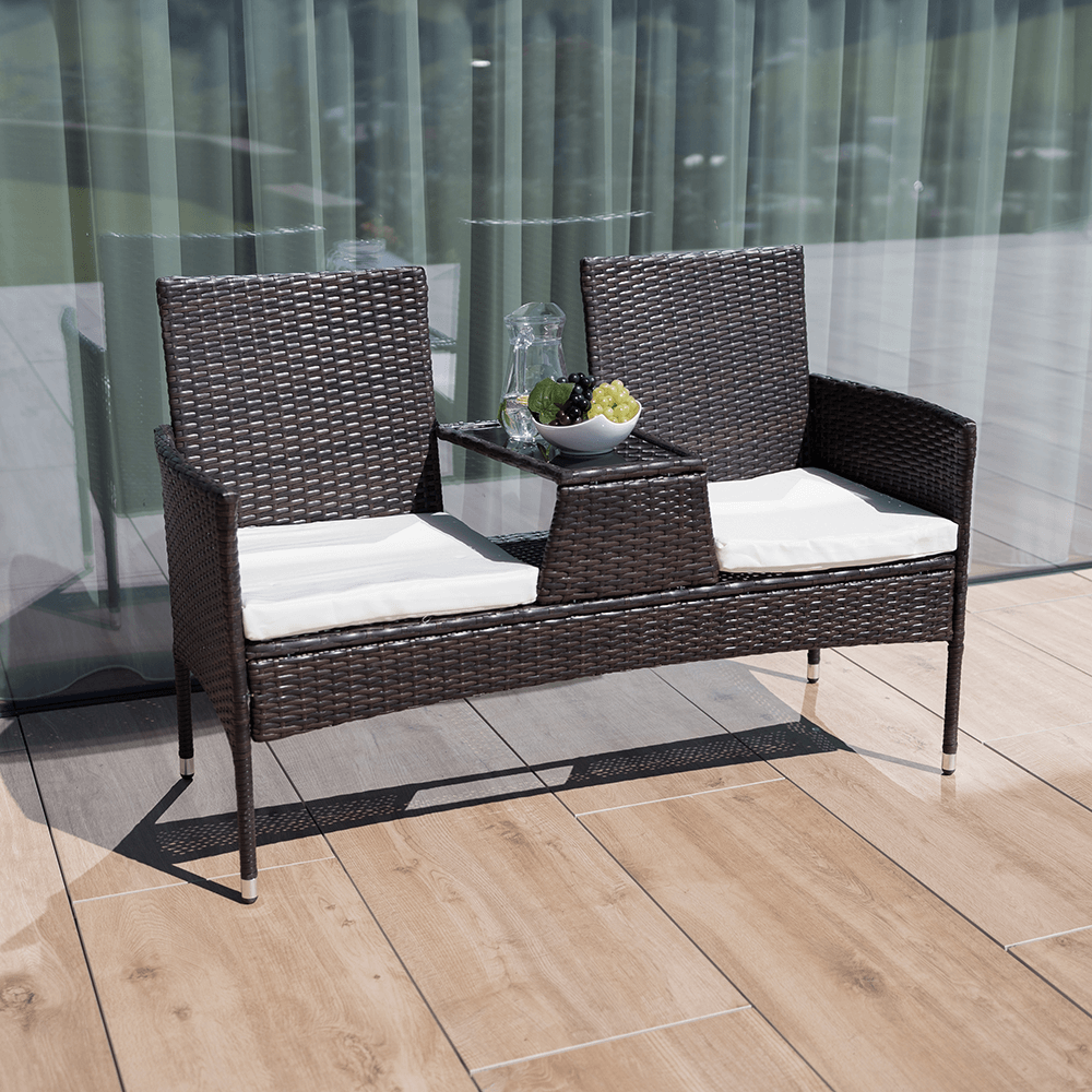 Bancă de grădină cu măsuţă şi perne, maro/crem, LALIT - imagine 3