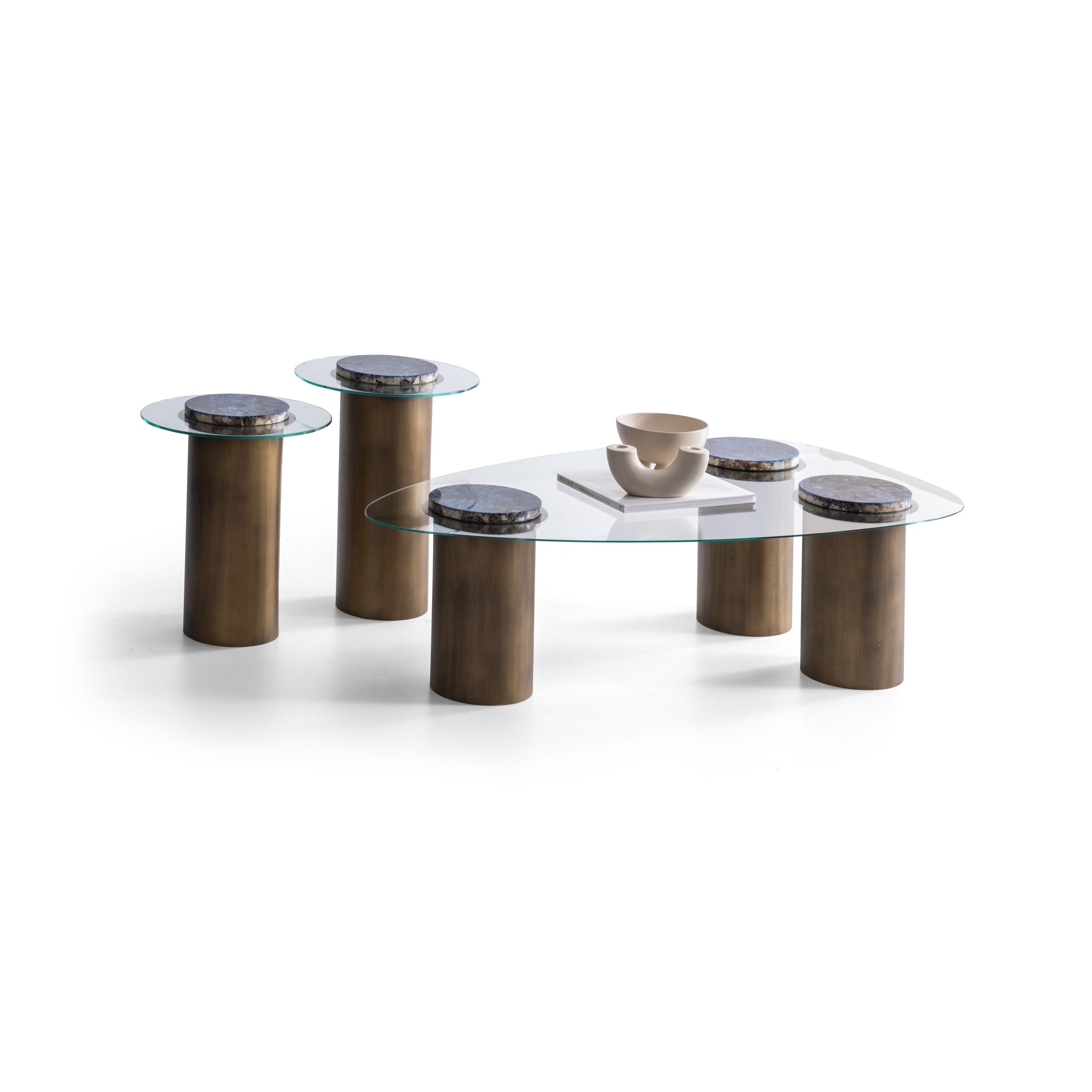 Set Măsuțe de Cafea Lanny picioare bronz si blat sticla si marmura naturala - imagine 13