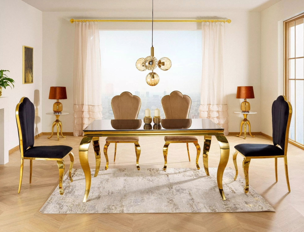 Masa PRINCE, negru/auriu, sticla/metal, 150x90x75 cm