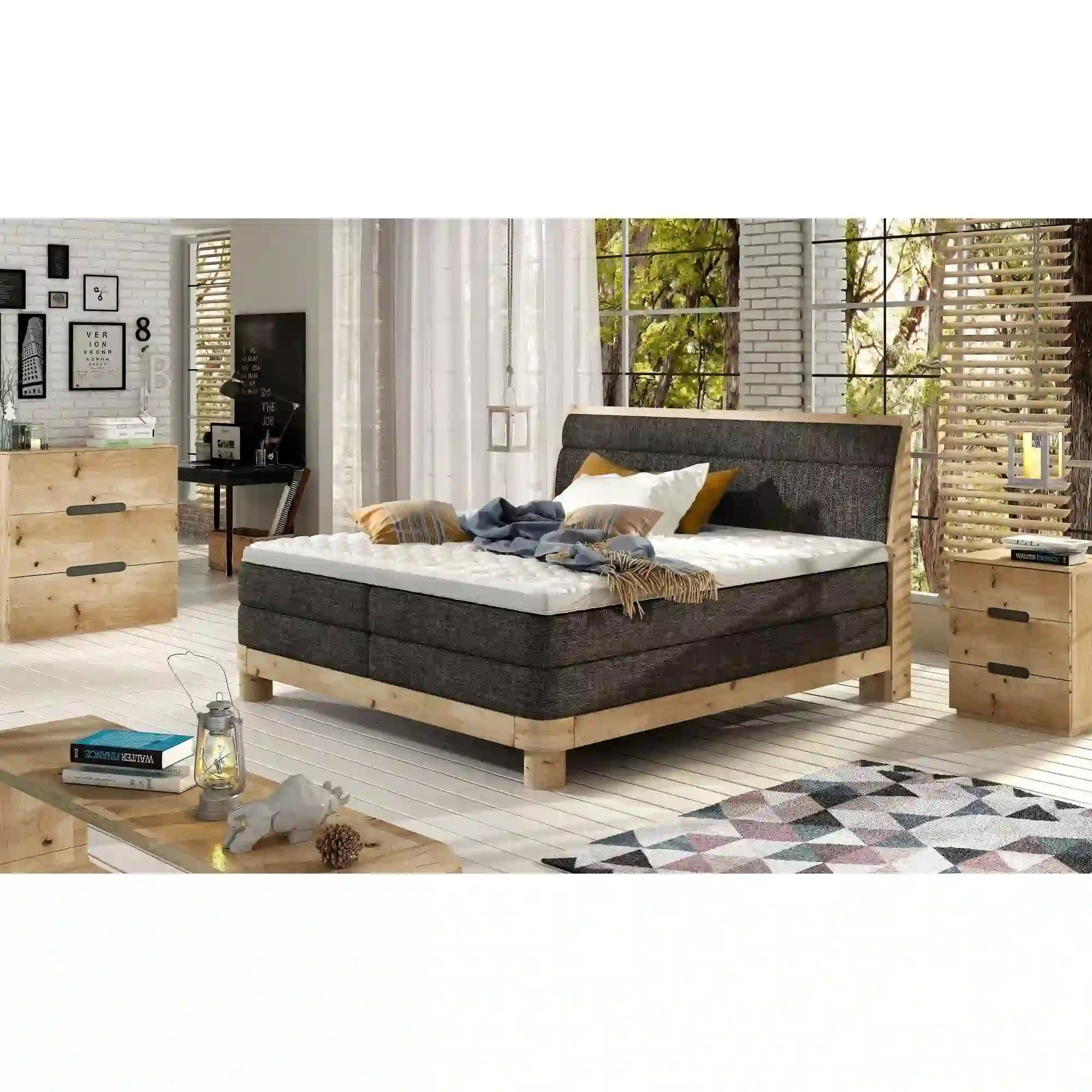 Pat boxspring DONNA 160x200, stofa catifelata bej - Shanghai 02, Gama Premium, cu saltea si topper